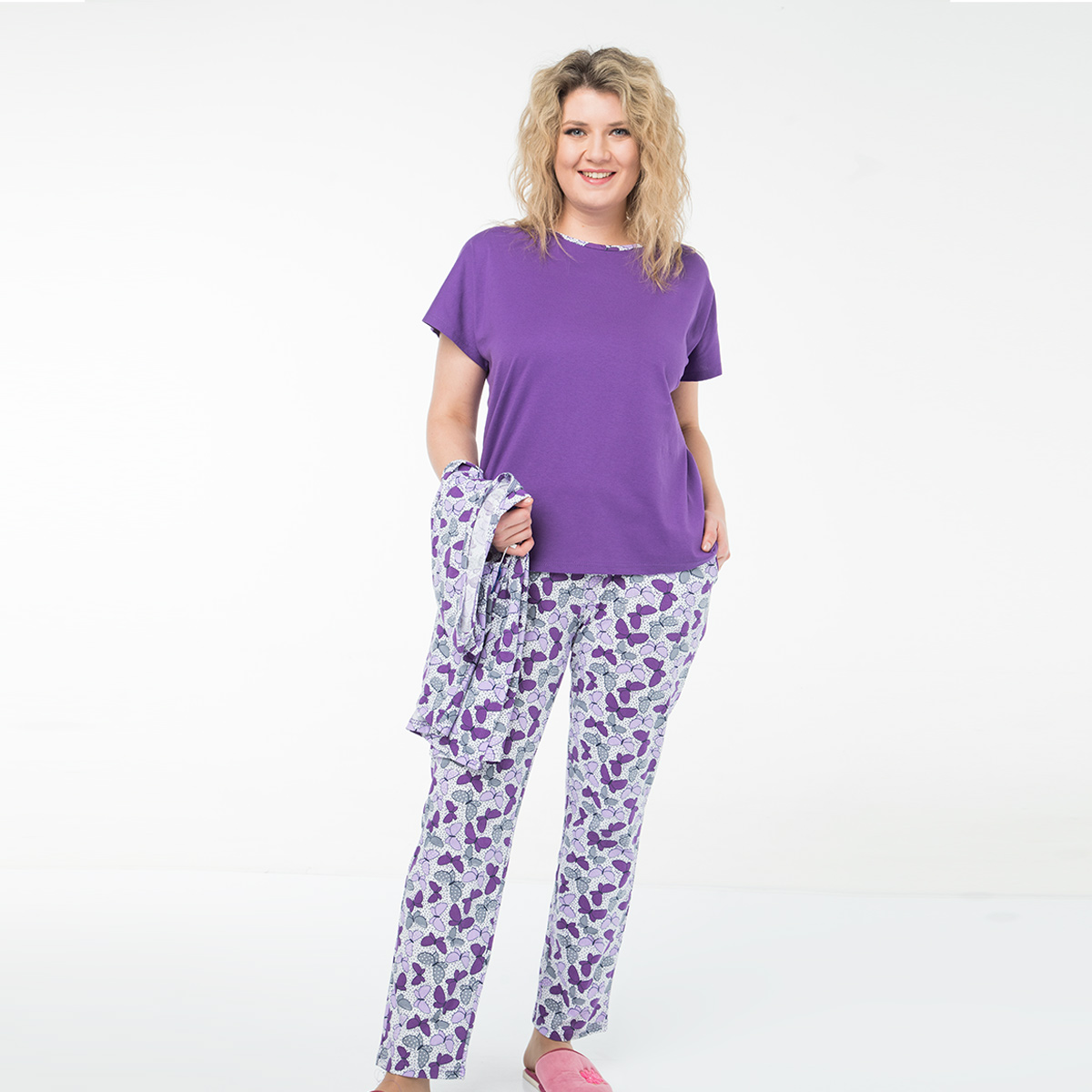 Пижама, трикотаж, жилет, футболка, брюки, фиолетовый